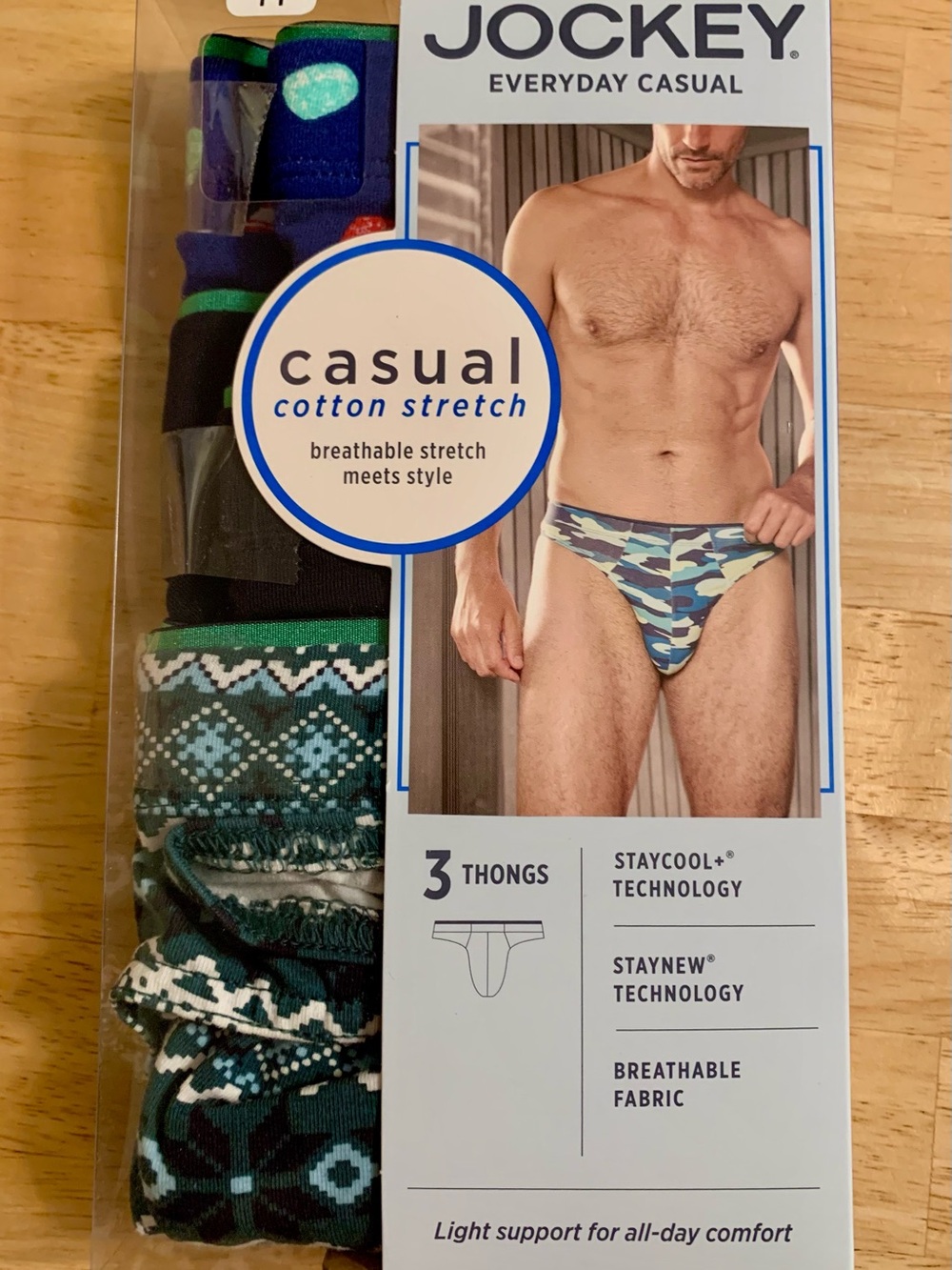 Jockey Men's Casual Cotton Stretch Thongs - Green, Blue, Black (3-Pack)